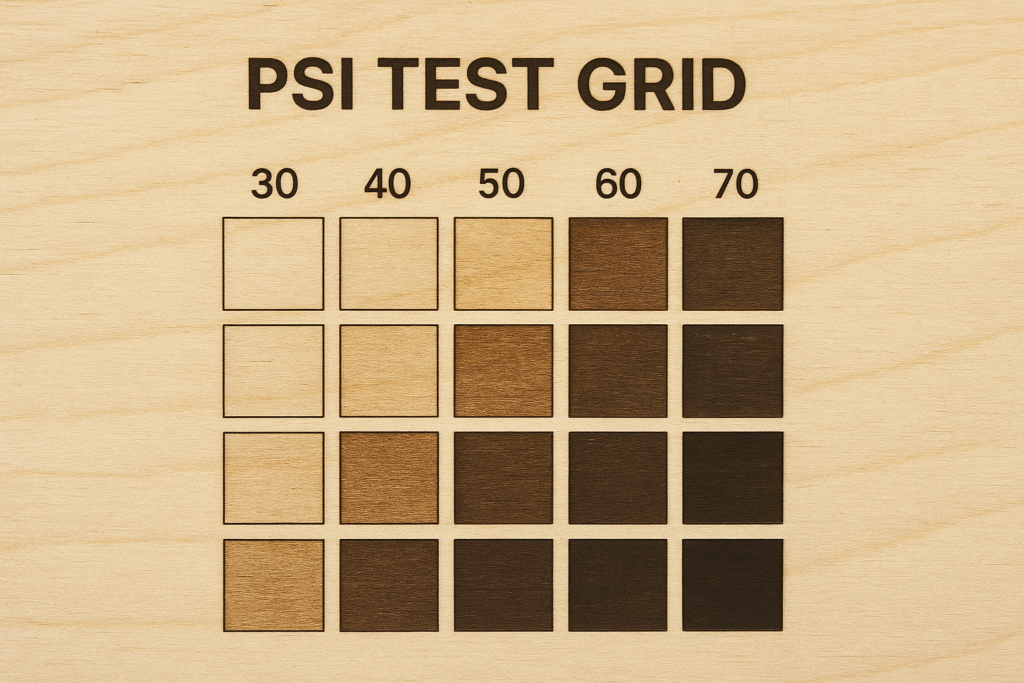 plywood test grid showing different PSI settings