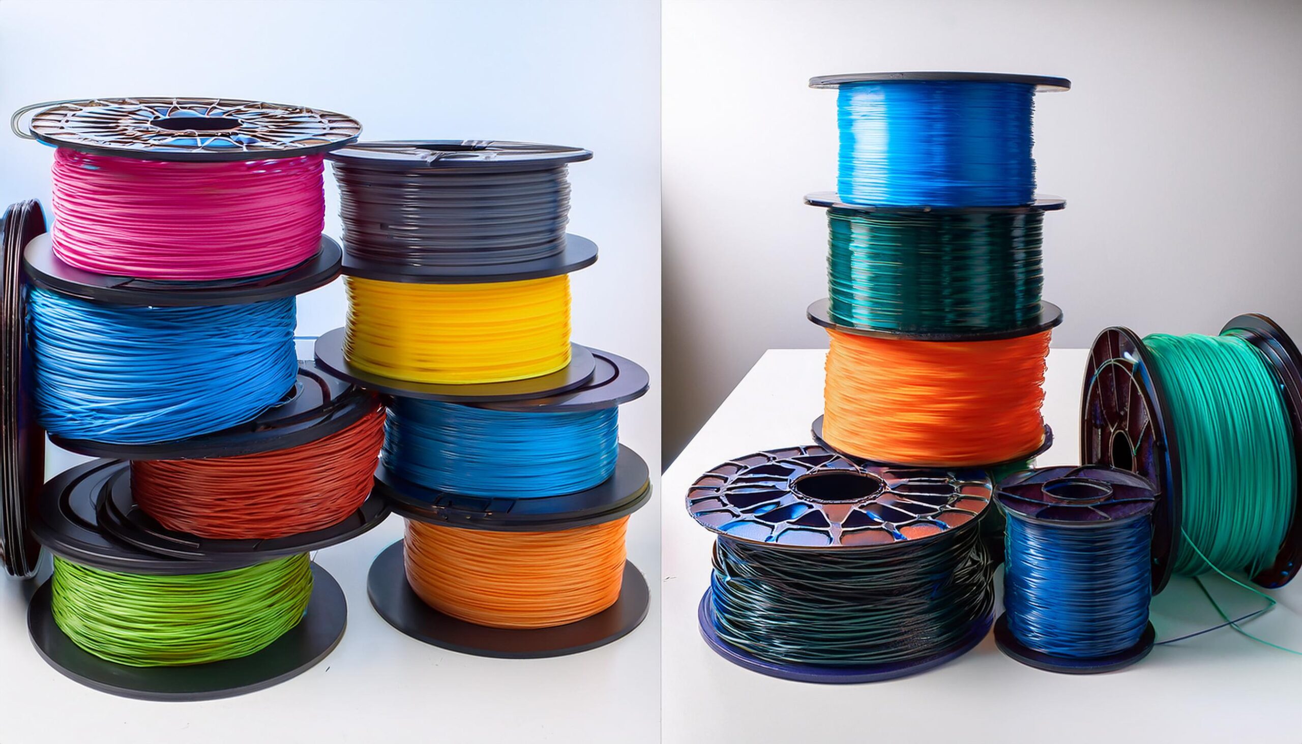 A collage or series of images showcasing different filament spools